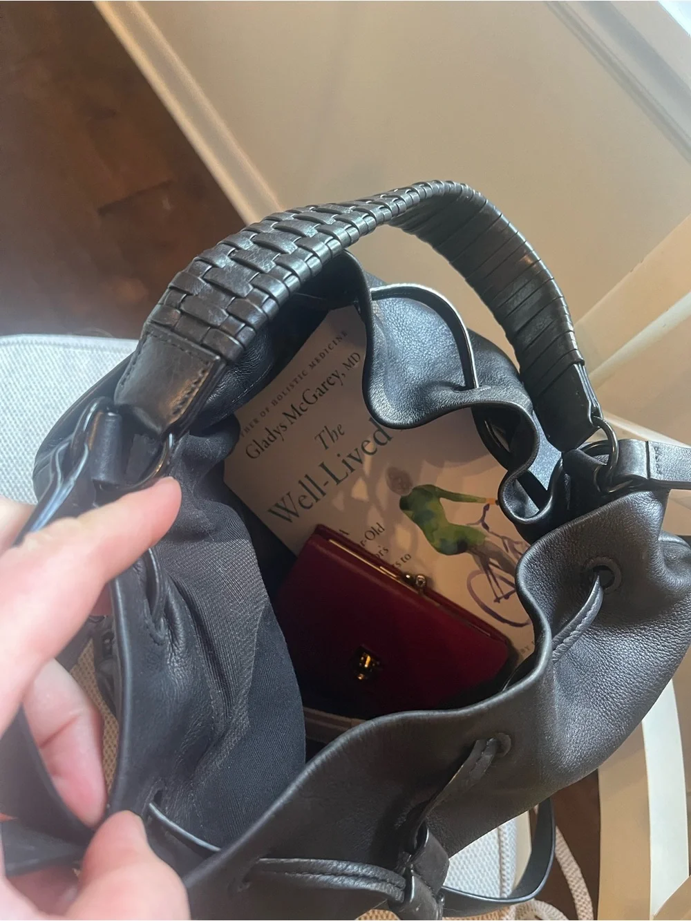 All Saints Black Leather Drawstring Bucket Bag